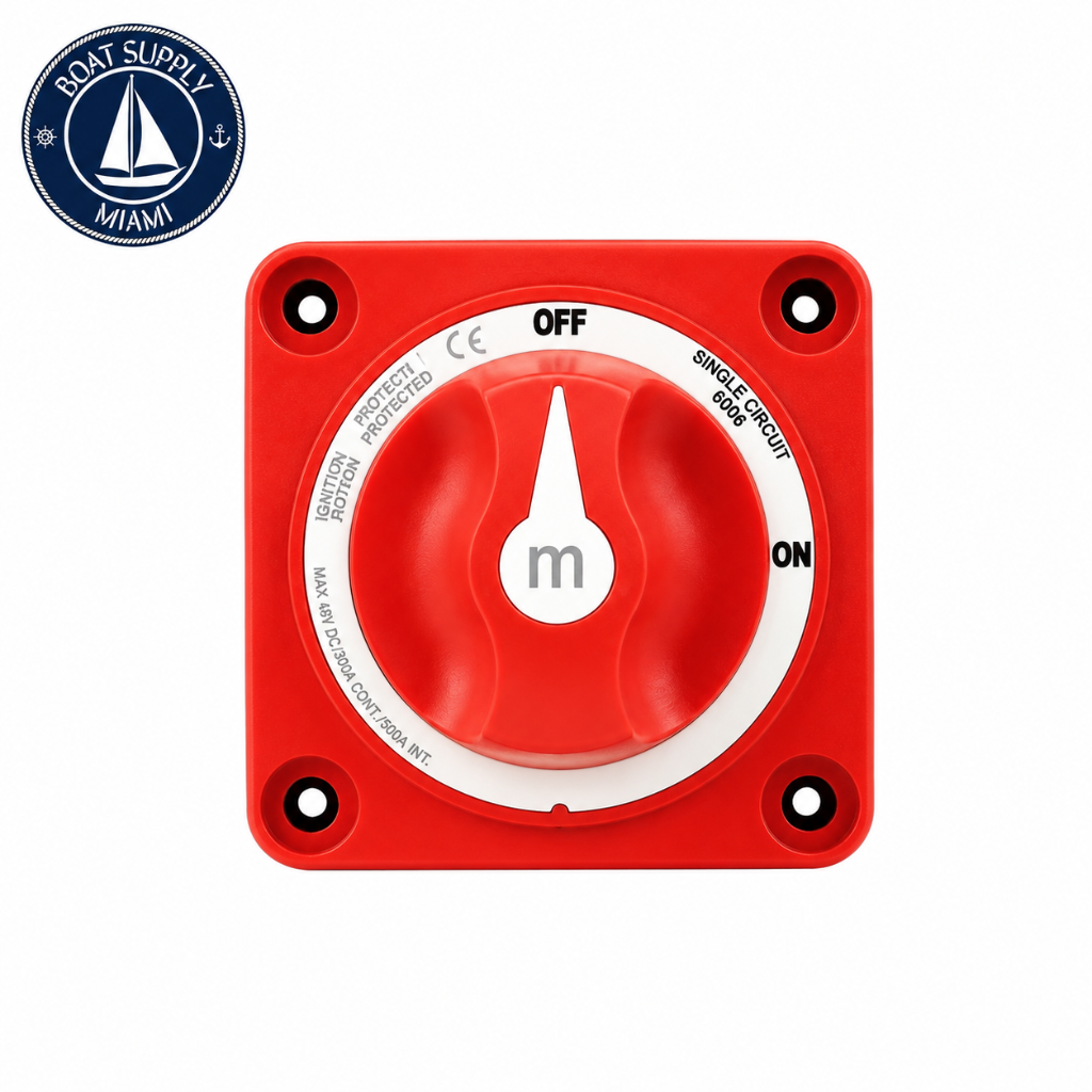 Blue Sea 6006 M Series Mini Battery Switch Single Circuit On-Off with Knob Red | Interruptor de Batería M Series Mini Circuito Único On-Off con Perilla Roja Blue Sea 6006