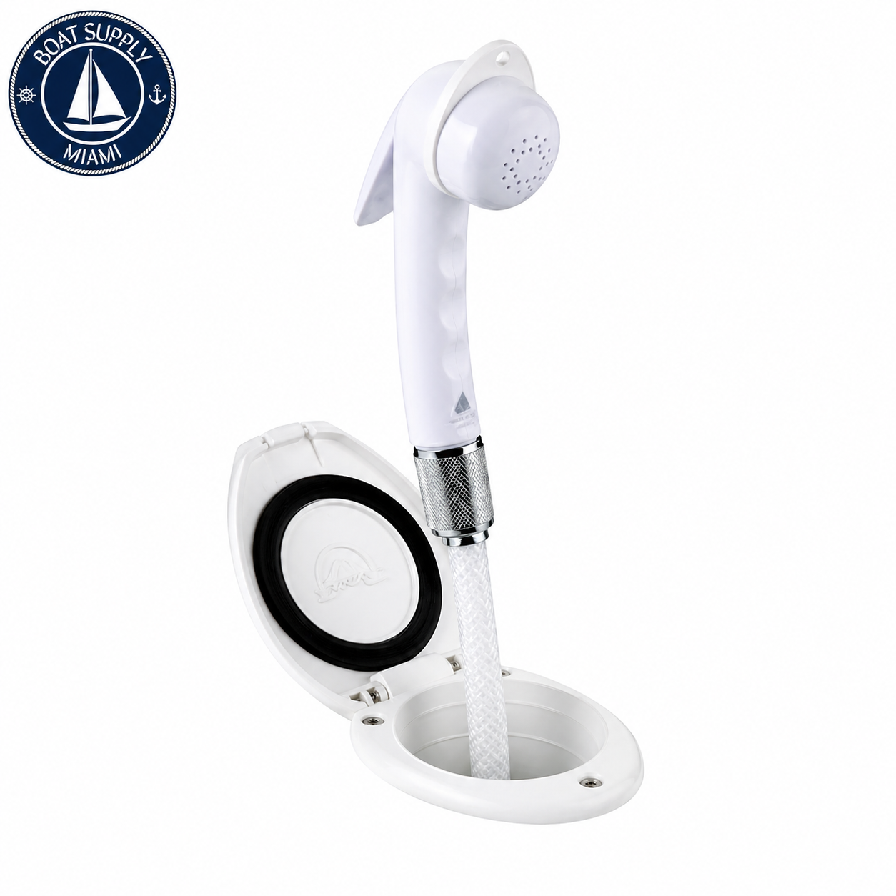 Scandvik 12107P Recessed Euro Sprayer Transom Shower White Handle, Cup and Cap with 6' White Nylon Hose | Ducha Marina Scandvik 12107P