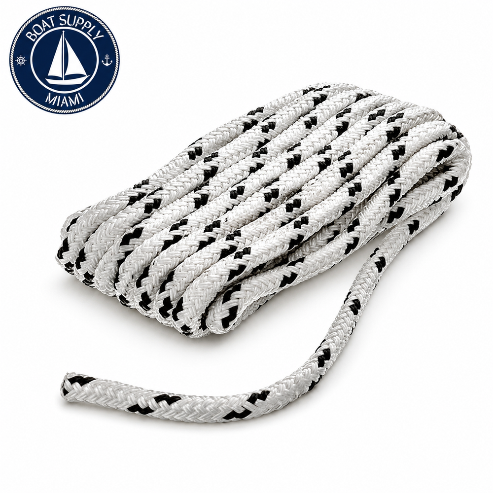 Seachoice 50-42401 Double Braided 100% MFP Dock Line 3/8" x 15' White w/ Black Tracer | Línea de Amarre MFP Doble Trenzado 3/8" x 15' White w/ Black Tracer.png