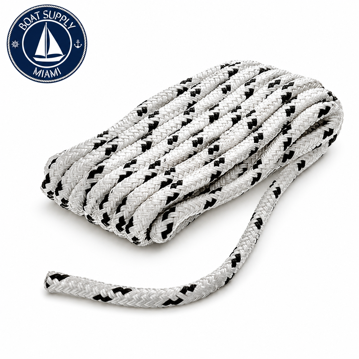 Seachoice 50-42401 Double Braided 100% MFP Dock Line 3/8" x 15' White w/ Black Tracer | Línea de Amarre MFP Doble Trenzado 3/8" x 15' White w/ Black Tracer.png