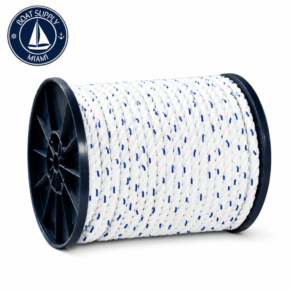 Seachoice 50-47790 Premium 3-Strand Twisted Nylon Rope Spool with Tracer 1/4" x 600' White / Blue Tracer | Rollo de Cabo Nylon Torcido Premium con Tracer Seachoice 1/4" x 600' Blanca con Tracer Azul