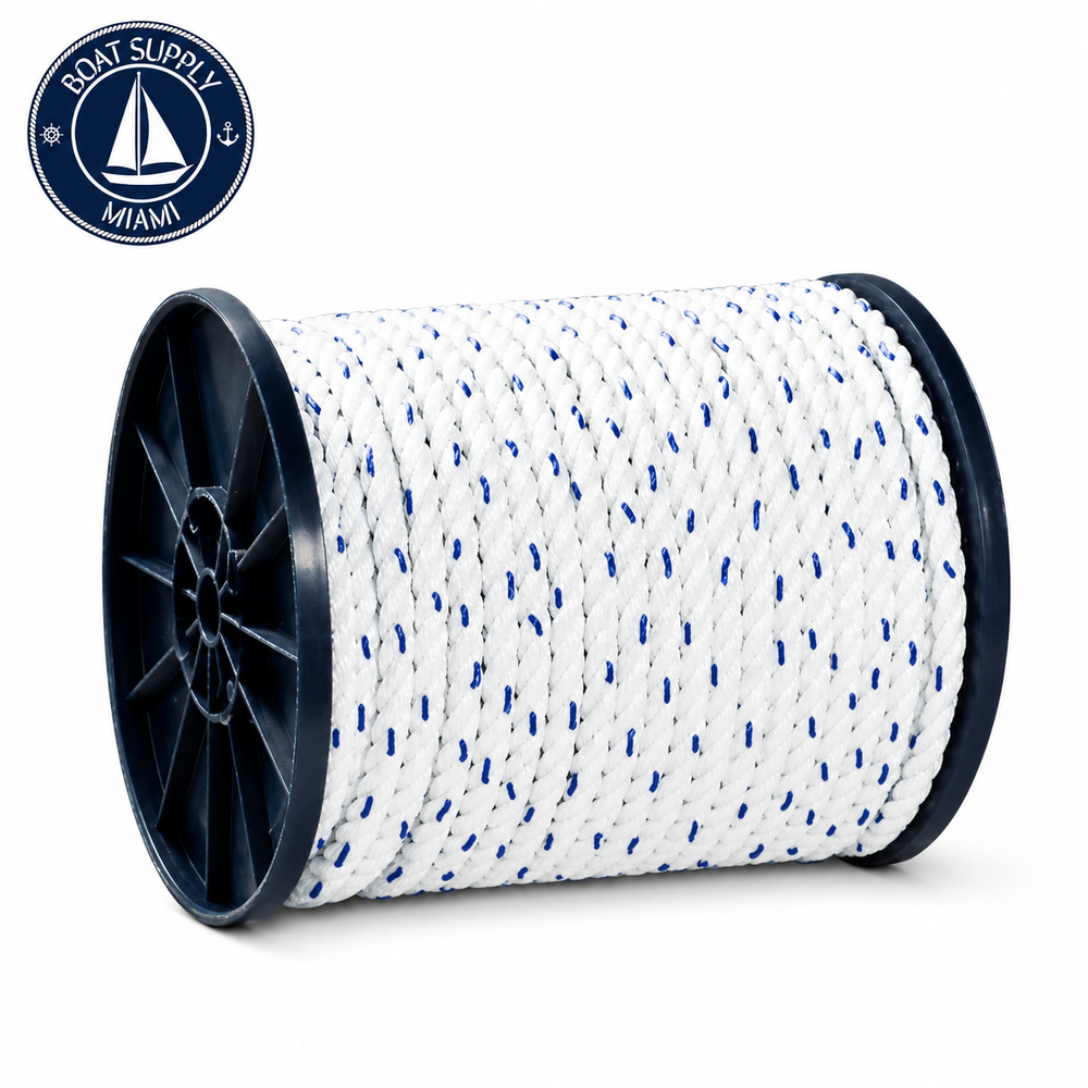Seachoice 50-47810 Premium 3-Strand Twisted Nylon Rope Spool with Tracer 1/2" x 600' White / Blue Tracer | Rollo de Cabo Nylon Torcido Premium con Tracer Seachoice 1/2" x 600' Blanca con Tracer Azul
