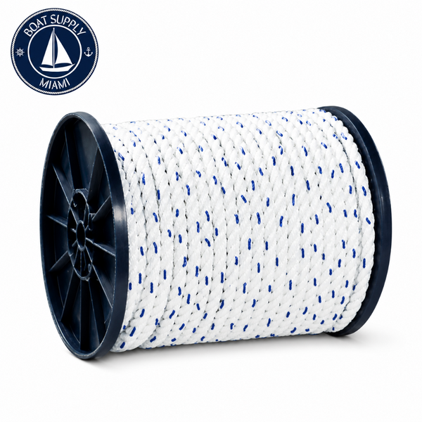 Seachoice 50-47820 Premium 3-Strand Twisted Nylon Rope Spool with Tracer 5/8" x 600' White / Blue Tracer | Rollo de Cabo Nylon Torcido Premium con Tracer Seachoice 5/8" x 600' Blanca con Tracer Azul