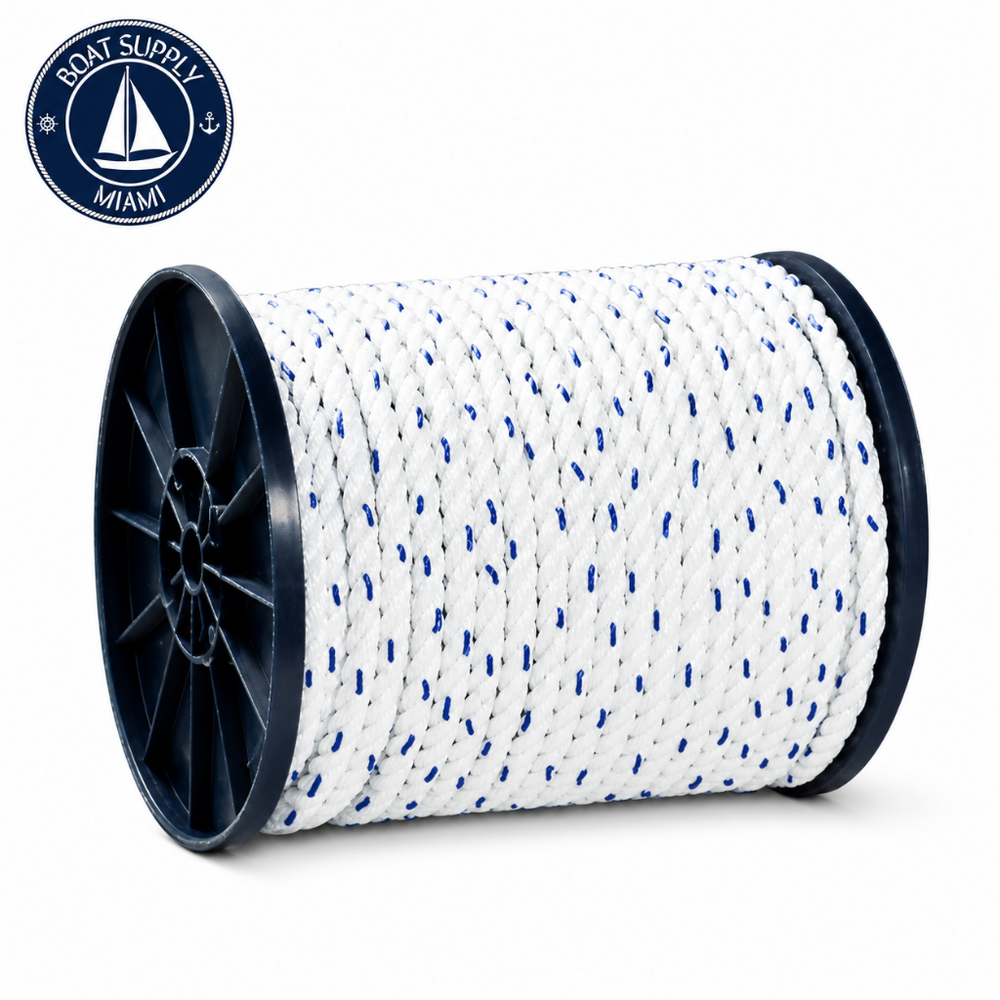 Seachoice 50-47820 Premium 3-Strand Twisted Nylon Rope Spool with Tracer 5/8" x 600' White / Blue Tracer | Rollo de Cabo Nylon Torcido Premium con Tracer Seachoice 5/8" x 600' Blanca con Tracer Azul