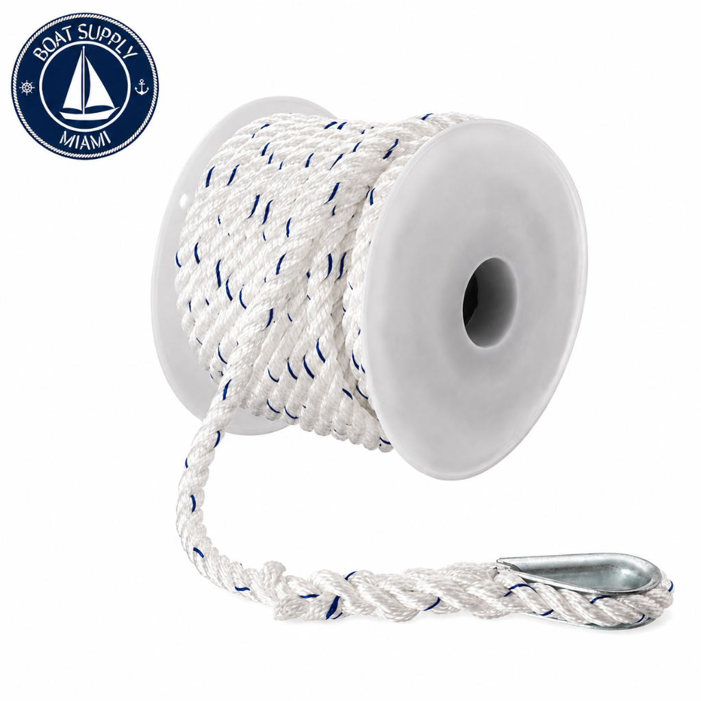 Seachoice 50-47911 Premium 3-Strand Twisted Nylon Anchor Line with Tracer 3/8" x 200' White / Blue Tracer | Línea de Ancla Nylon Torcido Premium con Tracer Seachoice 3/8" x 200' Blanca con Tracer Azul