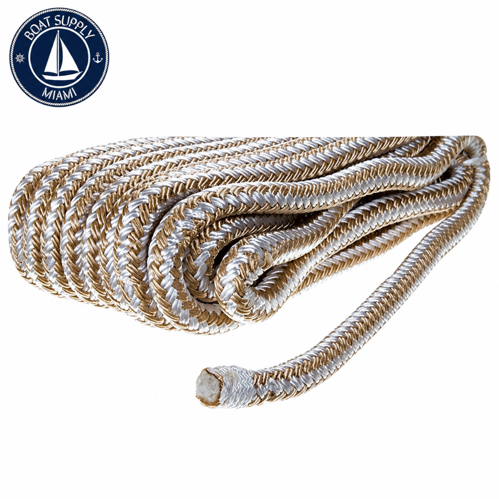 Seachoice 50-40021 Double Braid Nylon Dock Line 3/8" x 25' Gold/White | Línea de Amarre Nylon Doble Trenzado 3/8" x 25' Dorada/Blanca
