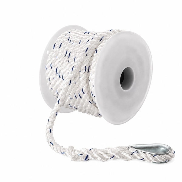 Seachoice 50-47711 Premium 3-Strand Twisted Nylon Anchor Line with Tracer 3/8" x 100' White / Blue Tracer - Product View